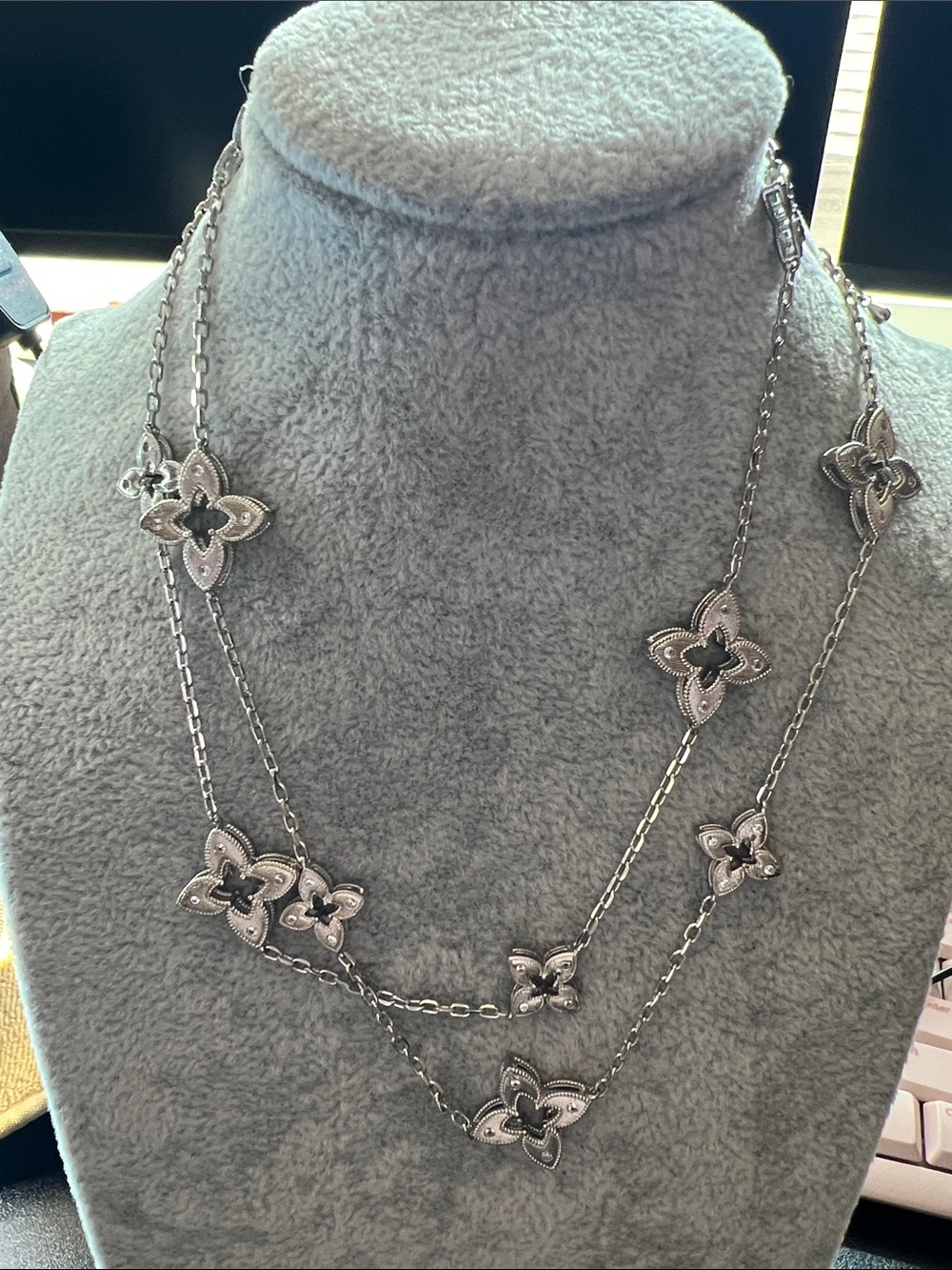 Lucky Brand Silver Floral Station Long Necklace